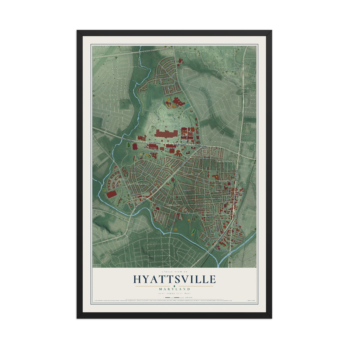 Map of Hyattsville, Maryland, 12 x 18 inch print in a black wood frame