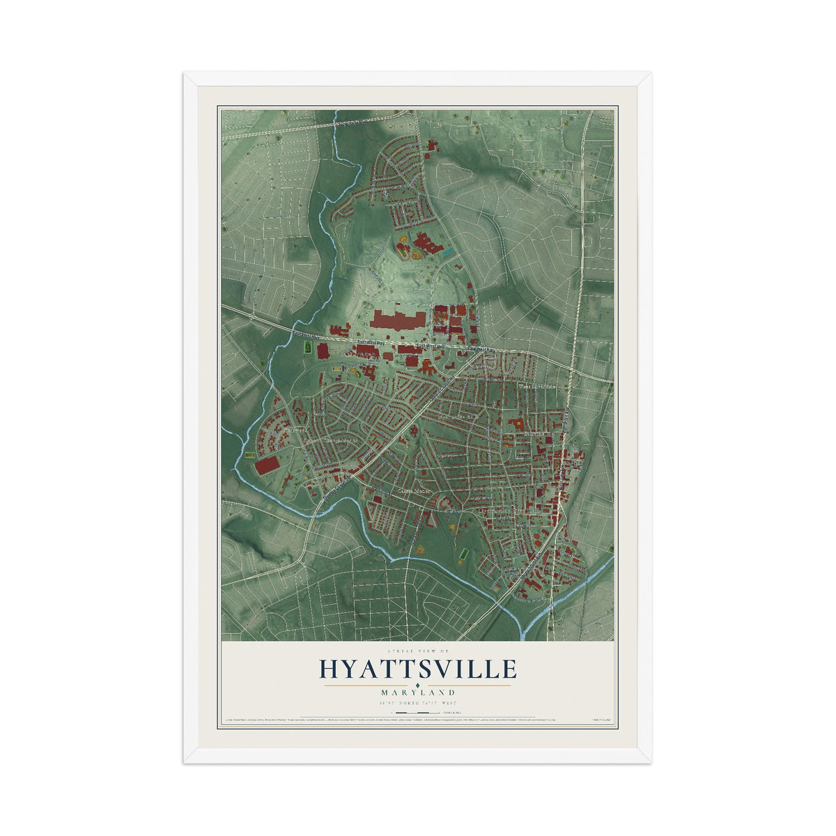 Map of Hyattsville, Maryland, 12 x 18 inch print in a white wood frame