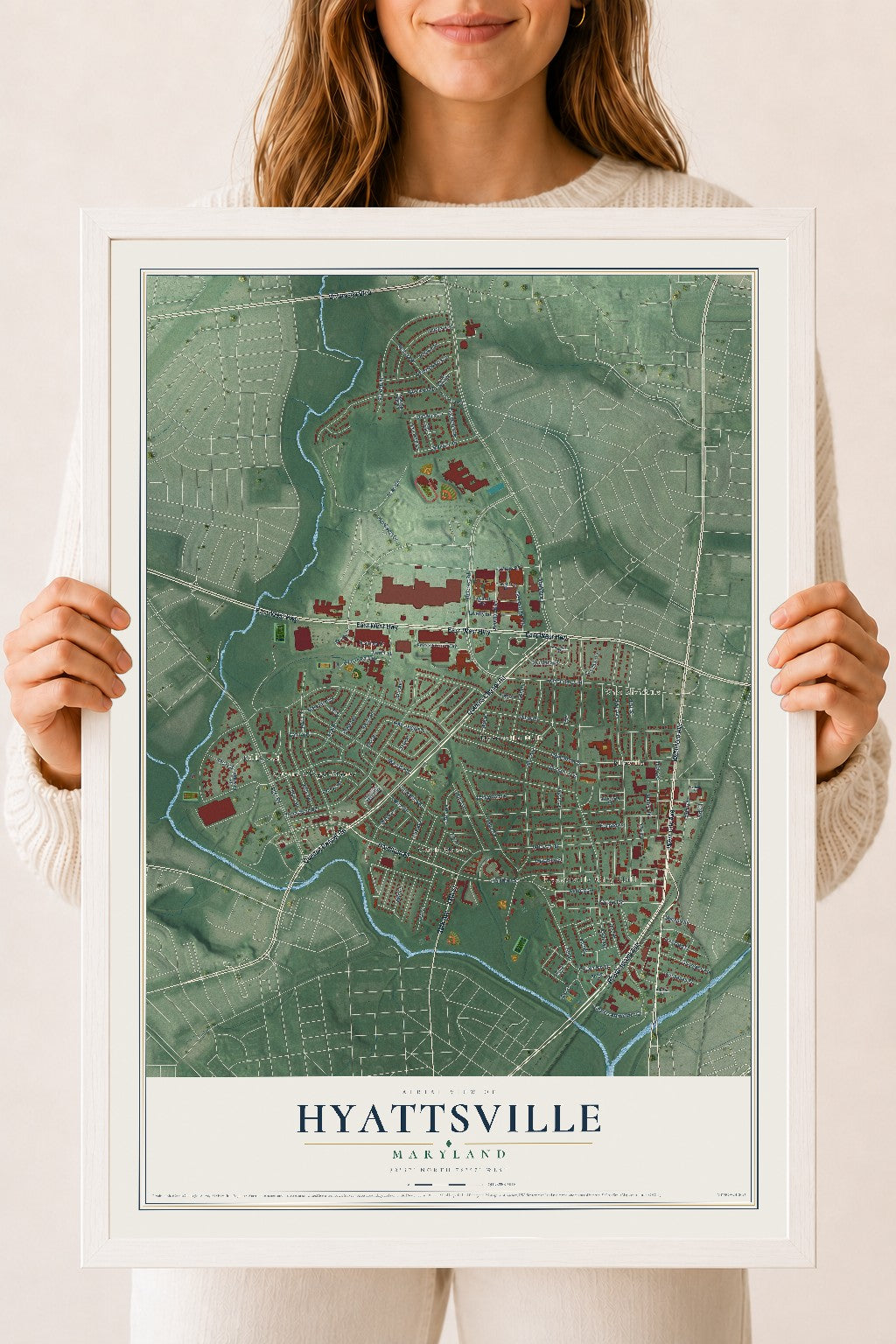 Map of Hyattsville, Maryland, 18 x 24 inch print in a white wood frame