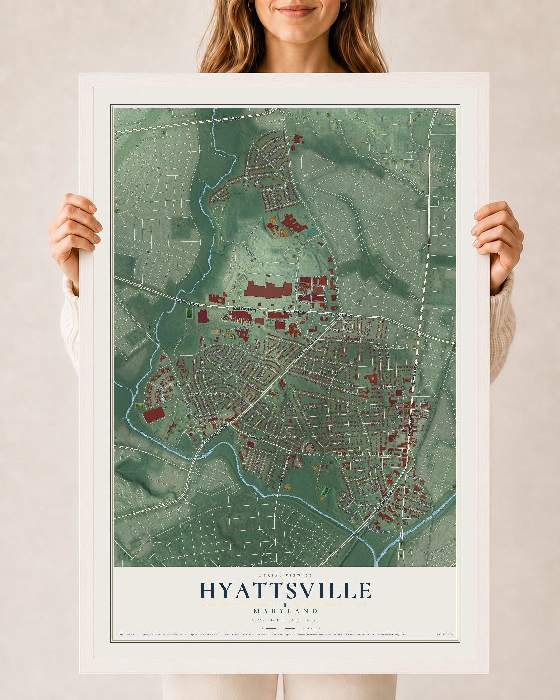Map of Hyattsville, Maryland, 24 x 36 inch print in a white wood frame
