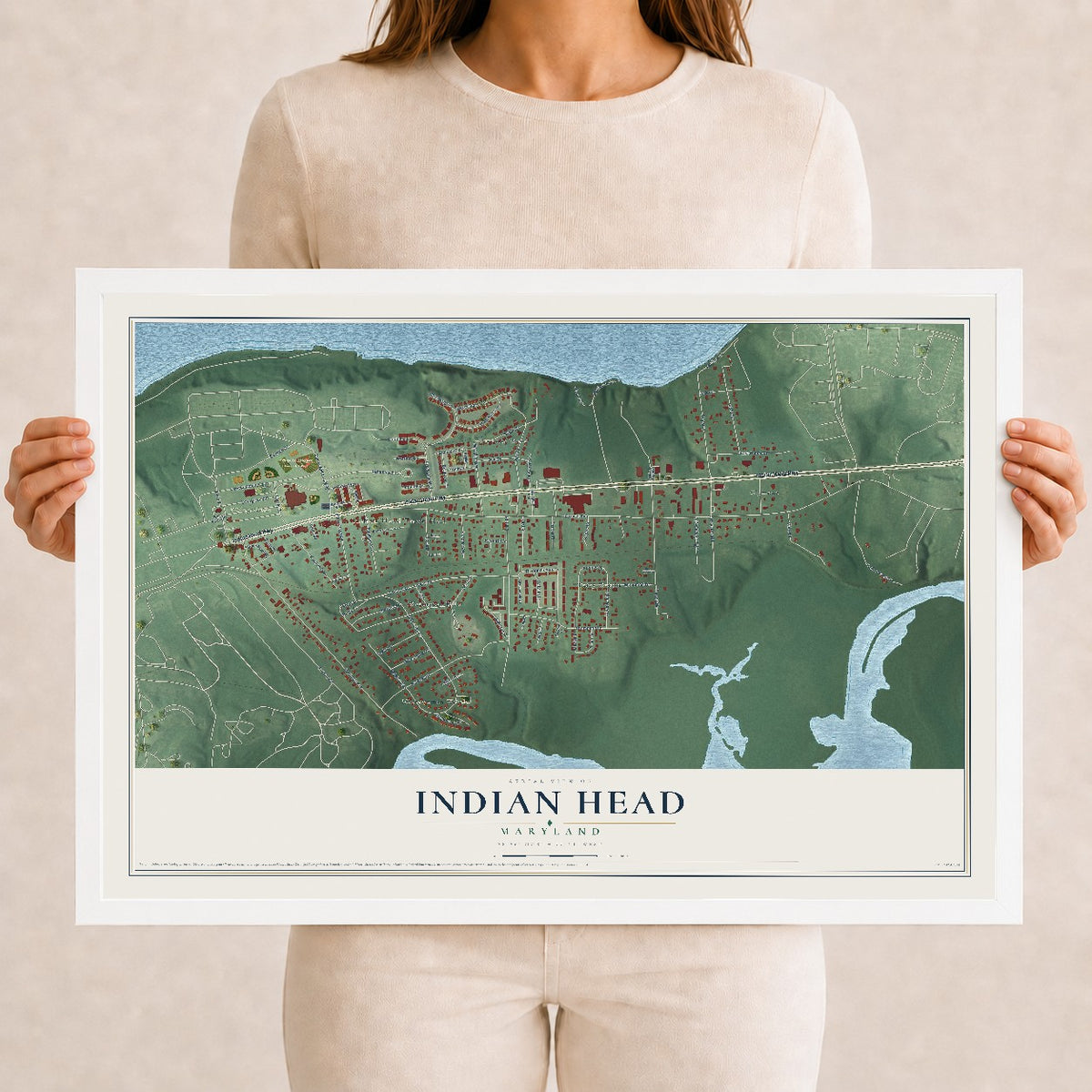Map of Indian Head, Maryland, 12 x 18 inch print in a white wood frame