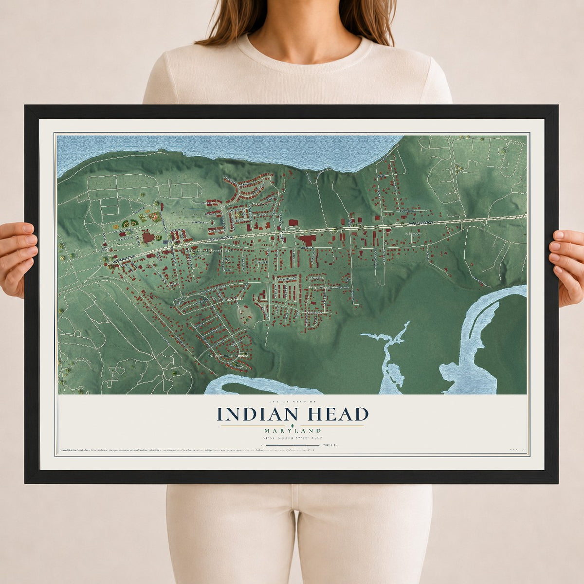 Map of Indian Head, Maryland, 18 x 24 inch print in a black wood frame