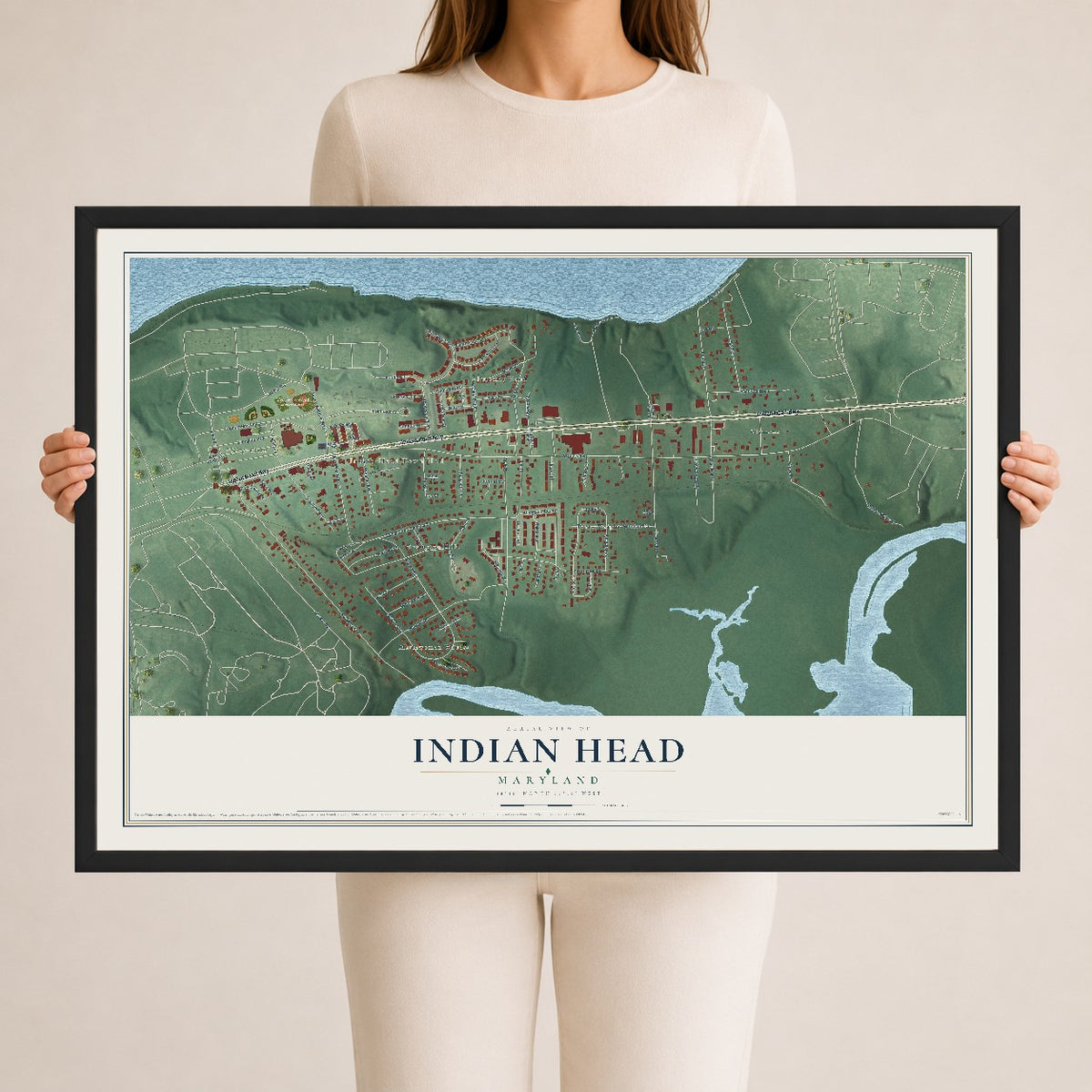 Map of Indian Head, Maryland, 24 x 36 inch print in a black wood frame