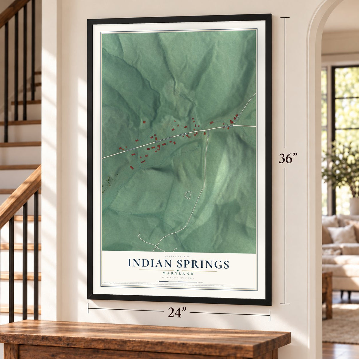 Indian Springs, Maryland map, 24 x 36 inch print in a black frame by a staircase