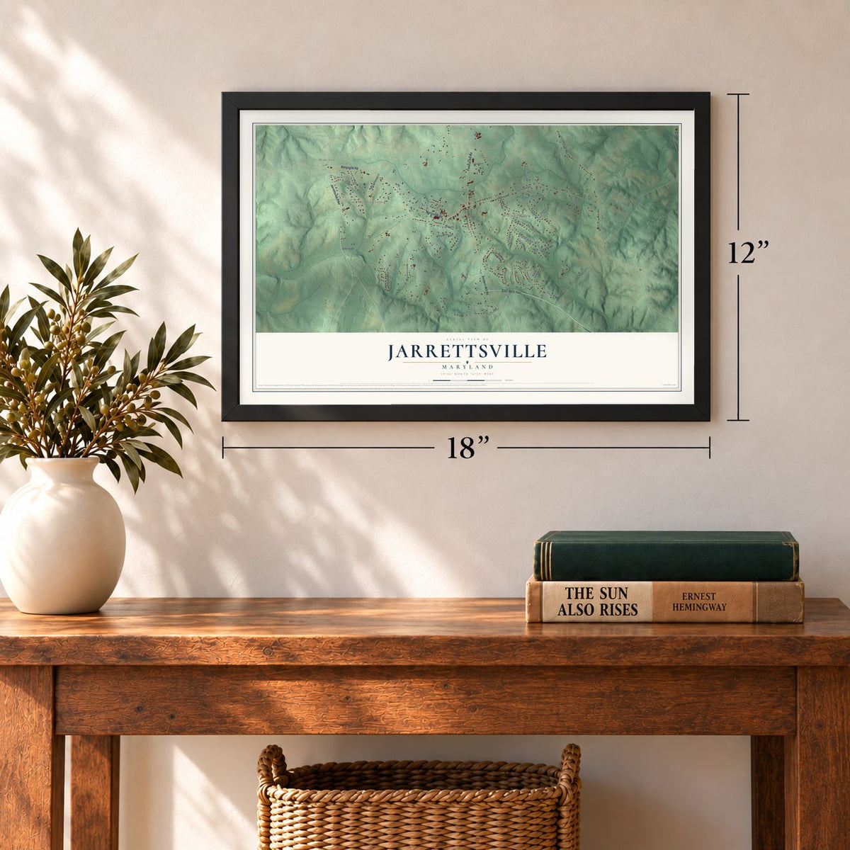 Jarrettsville, Maryland map, 12 x 18 inch print in a black frame in an entryway