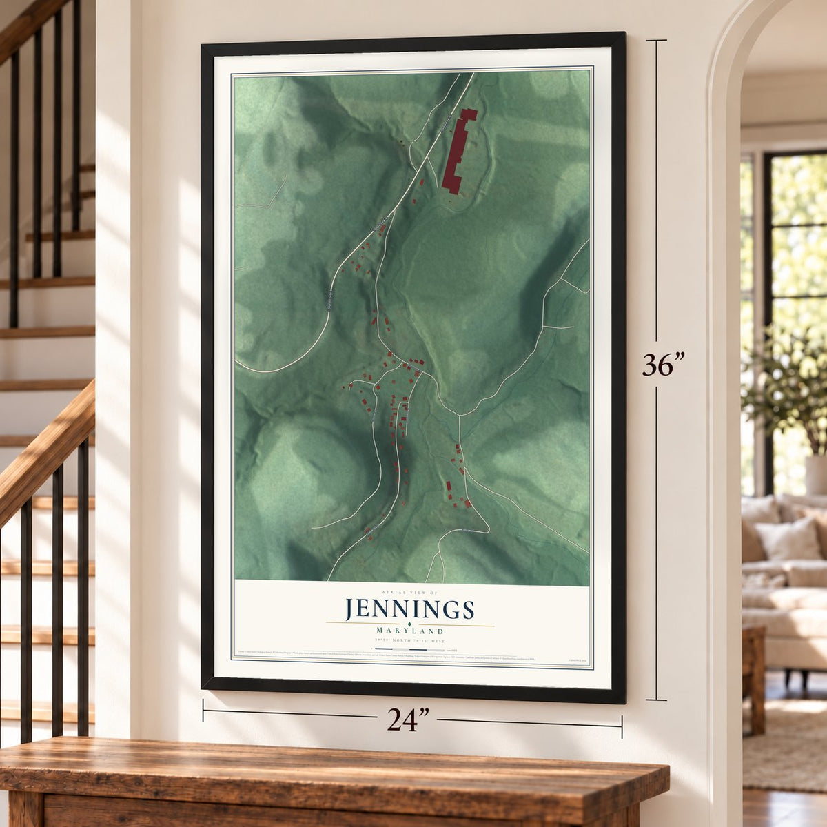 Jennings, Maryland map, 24 x 36 inch print in a black frame by a staircase