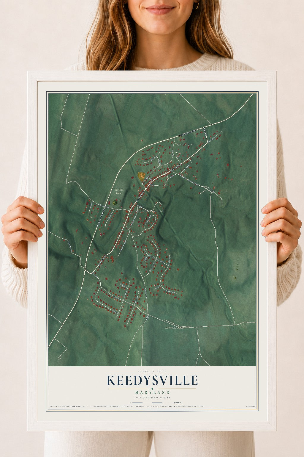 Map of Keedysville, Maryland, 18 x 24 inch print in a white wood frame