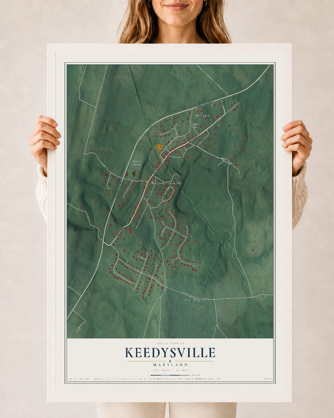 Map of Keedysville, Maryland, 24 x 36 inch print in a white wood frame