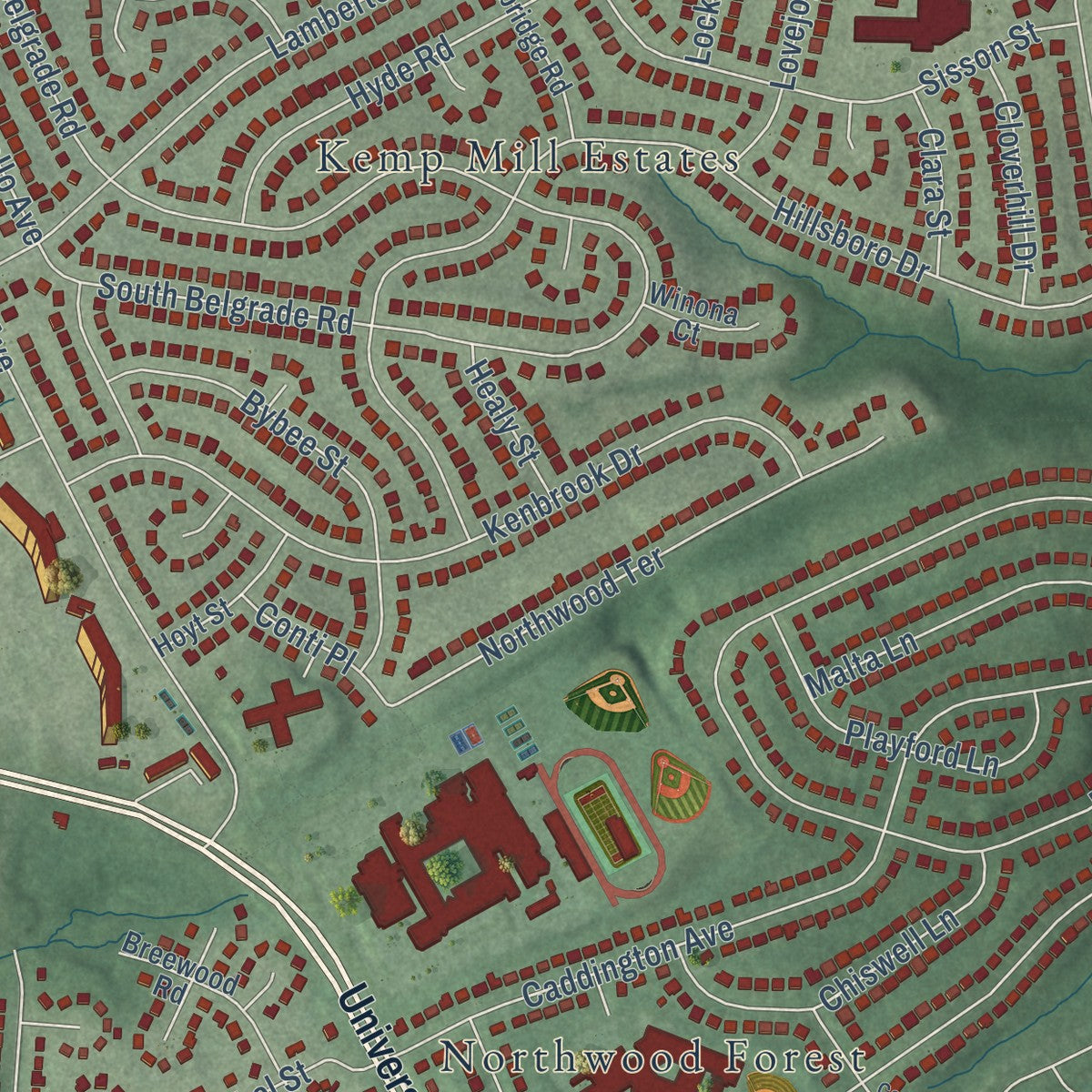 Close-up of the map of Kemp Mill, Maryland print showing street and building detail
