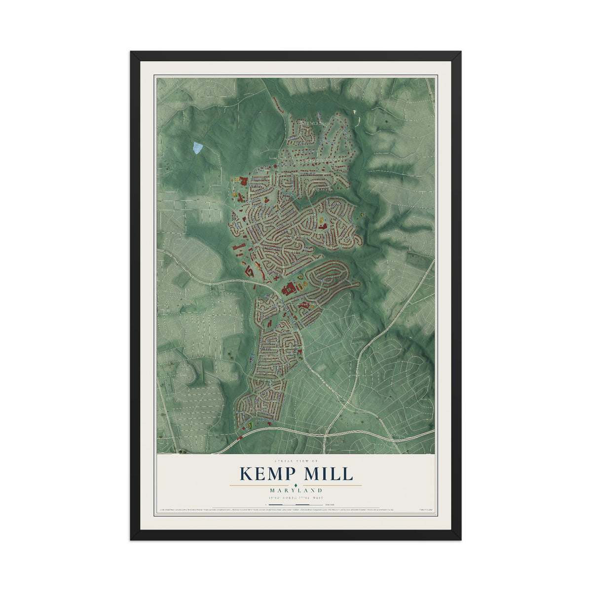 Map of Kemp Mill, Maryland, 12 x 18 inch print in a black wood frame