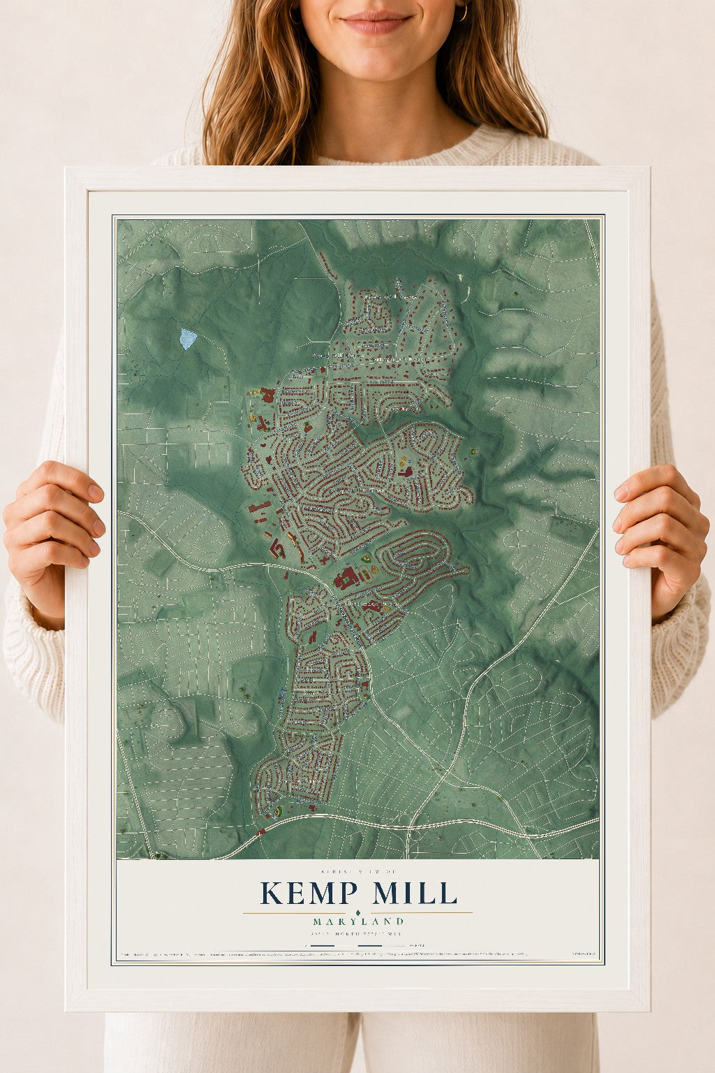 Map of Kemp Mill, Maryland, 18 x 24 inch print in a white wood frame