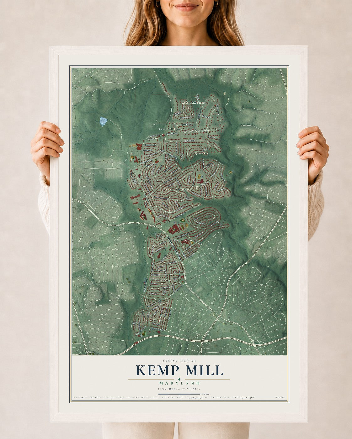Map of Kemp Mill, Maryland, 24 x 36 inch print in a white wood frame
