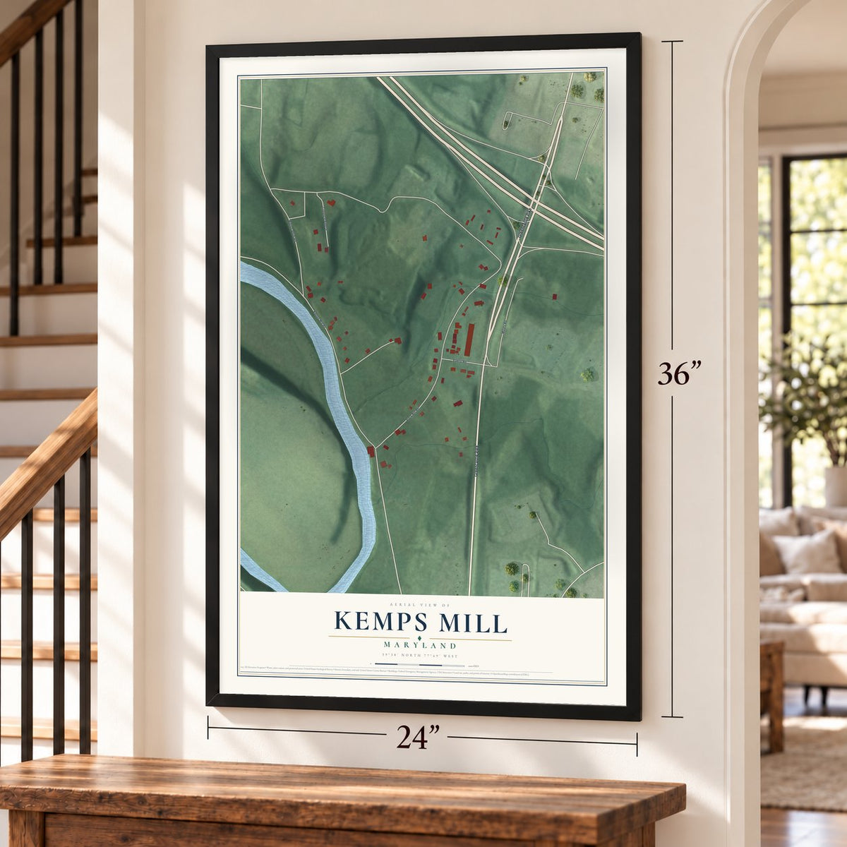 Kemps Mill, Maryland map, 24 x 36 inch print in a black frame by a staircase