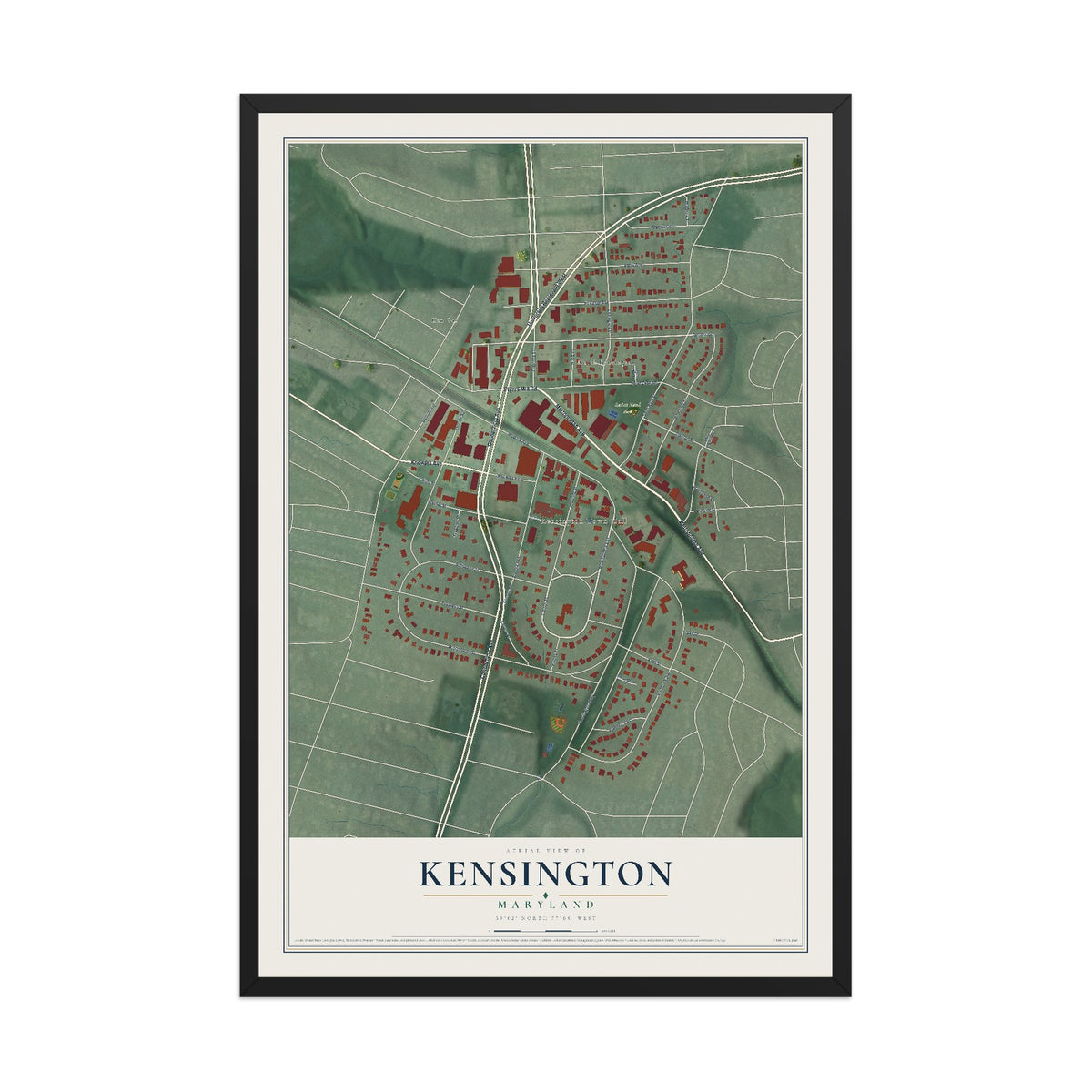 Map of Kensington, Maryland, 12 x 18 inch print in a black wood frame