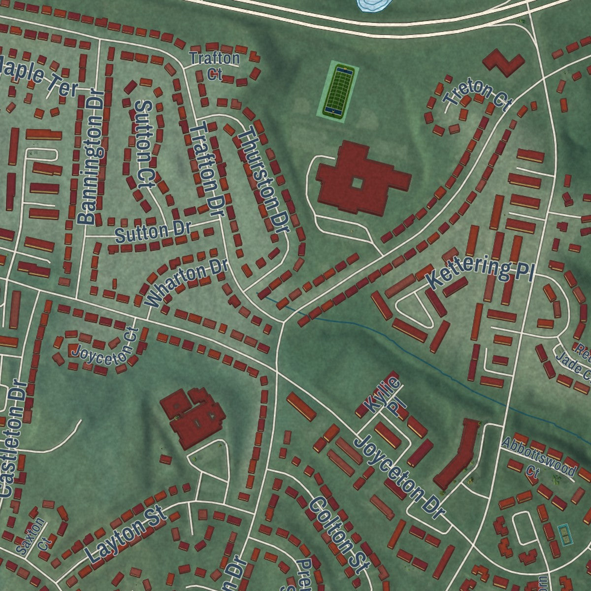 Close-up of the map of Kettering, Maryland print showing street and building detail