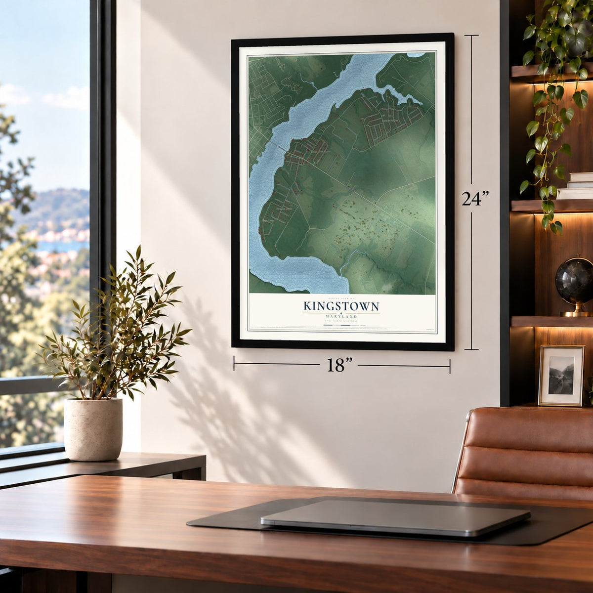 Kingstown, Maryland map, 18 x 24 inch print in a black frame in a home office