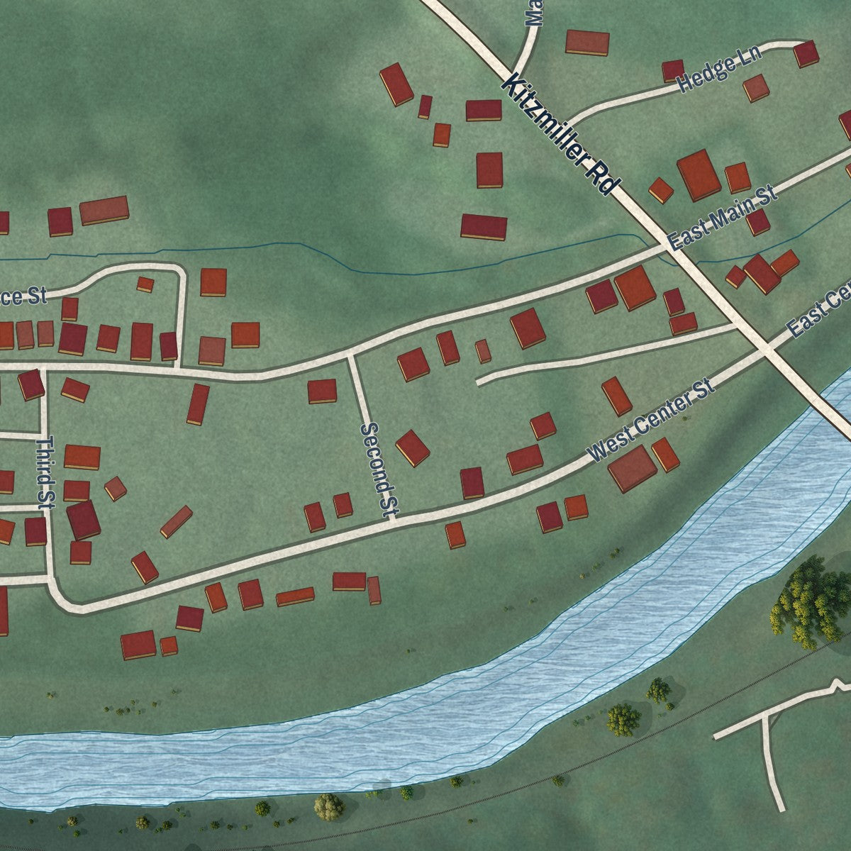 Close-up of the map of Kitzmiller, Maryland print showing street and building detail