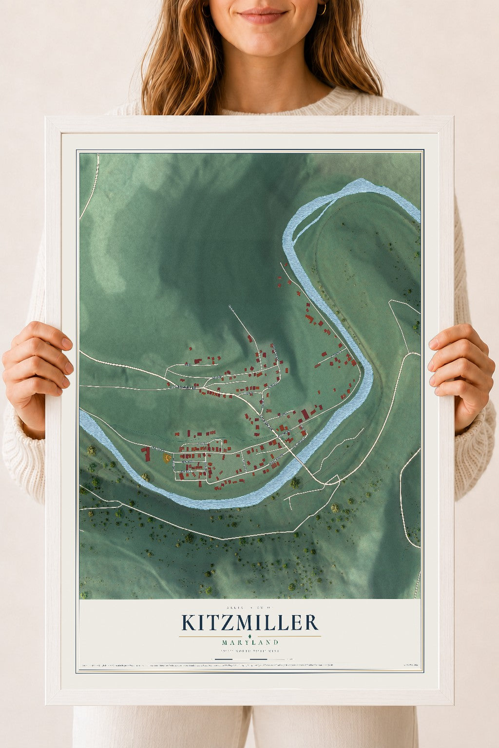 Map of Kitzmiller, Maryland, 18 x 24 inch print in a white wood frame