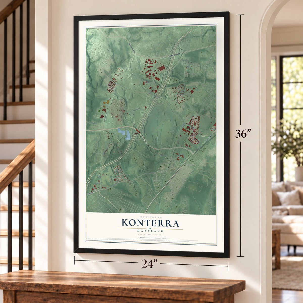 Konterra, Maryland map, 24 x 36 inch print in a black frame by a staircase