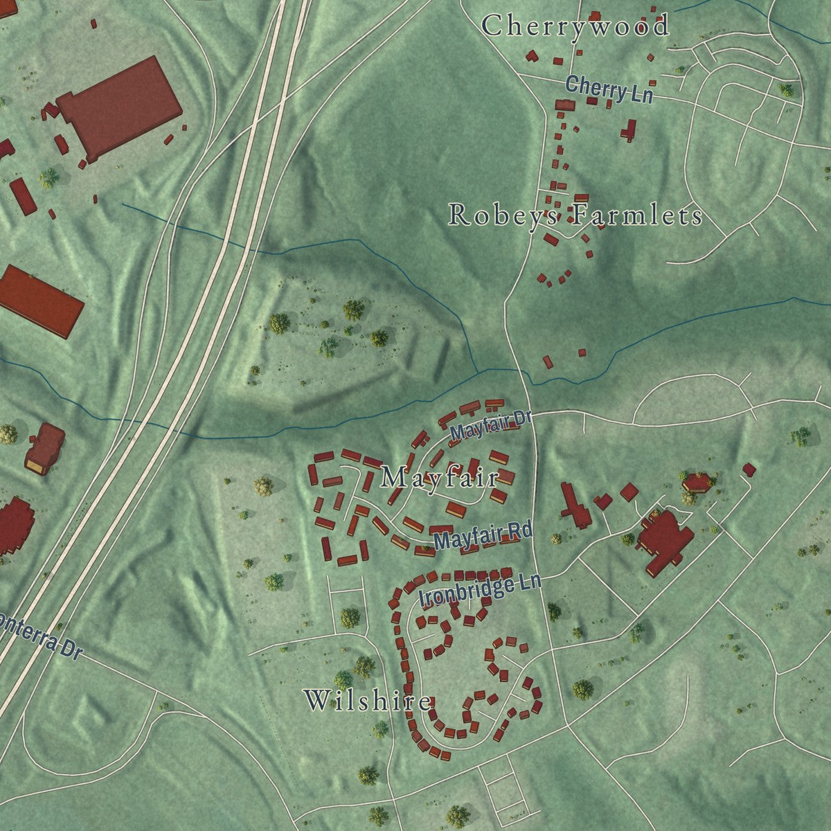 Close-up of the map of Konterra, Maryland print showing street and building detail