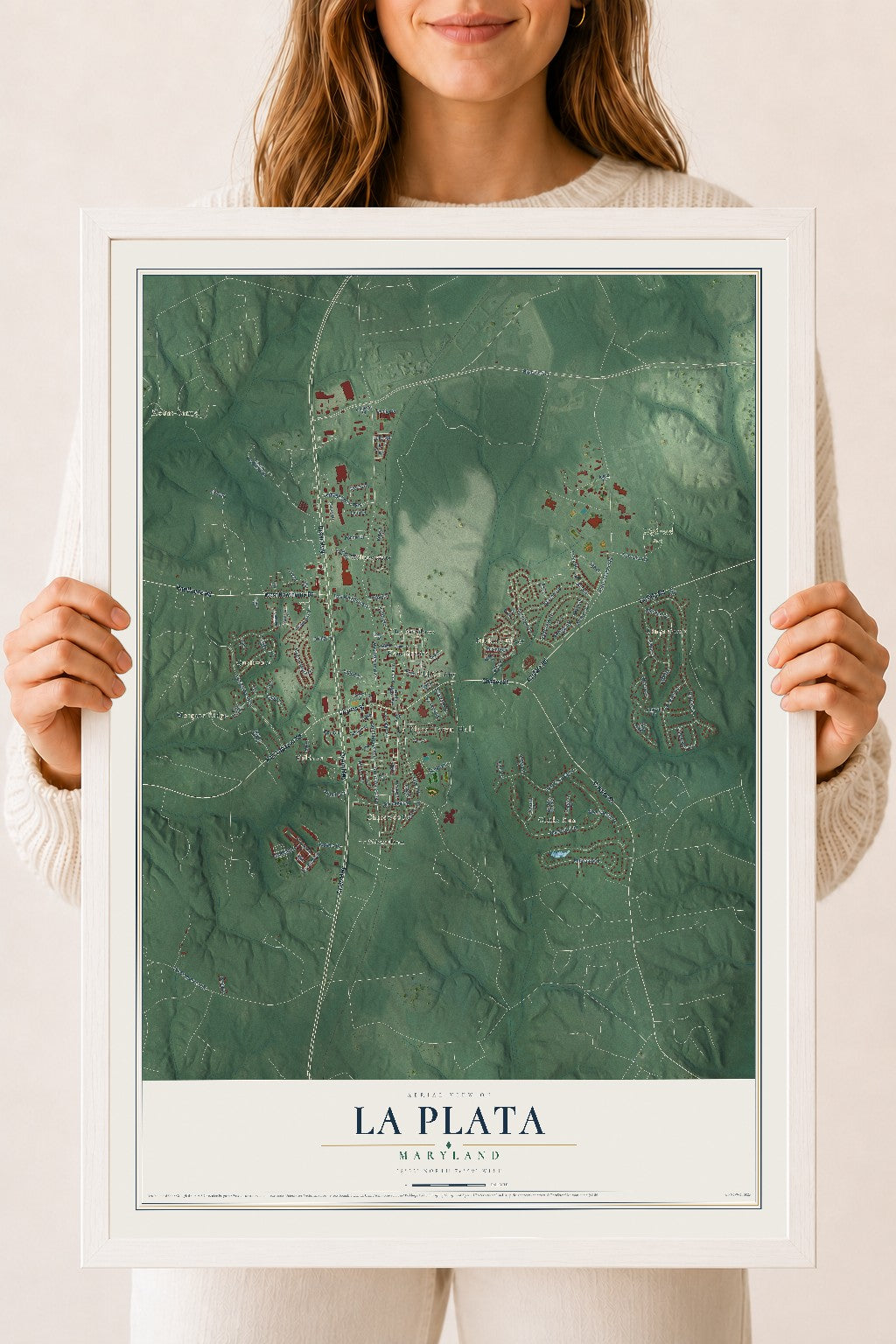 Map of La Plata, Maryland, 18 x 24 inch print in a white wood frame