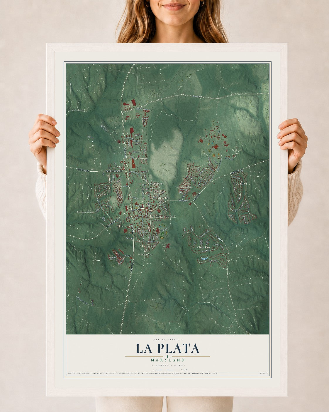 Map of La Plata, Maryland, 24 x 36 inch print in a white wood frame