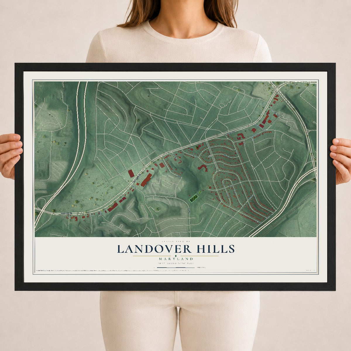Map of Landover Hills, Maryland, 18 x 24 inch print in a black wood frame