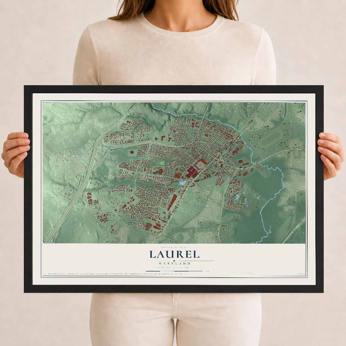 Map of Laurel, Maryland, 12 x 18 inch print in a black wood frame