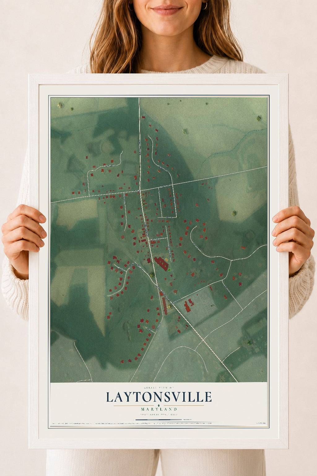 Map of Laytonsville, Maryland, 18 x 24 inch print in a white wood frame