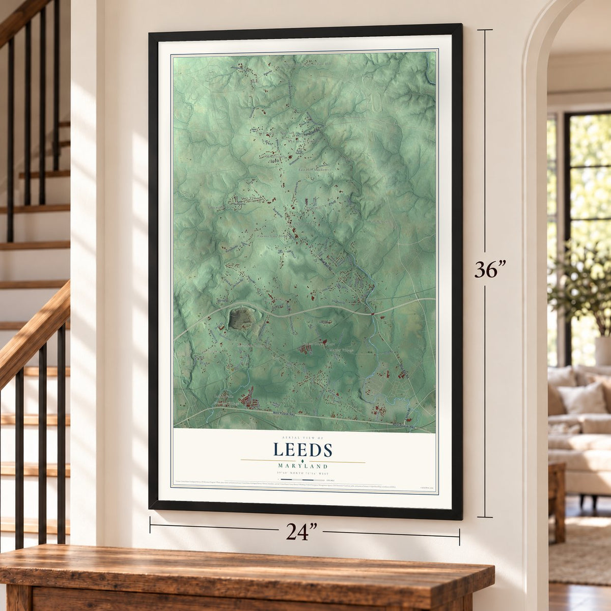 Leeds, Maryland map, 24 x 36 inch print in a black frame by a staircase
