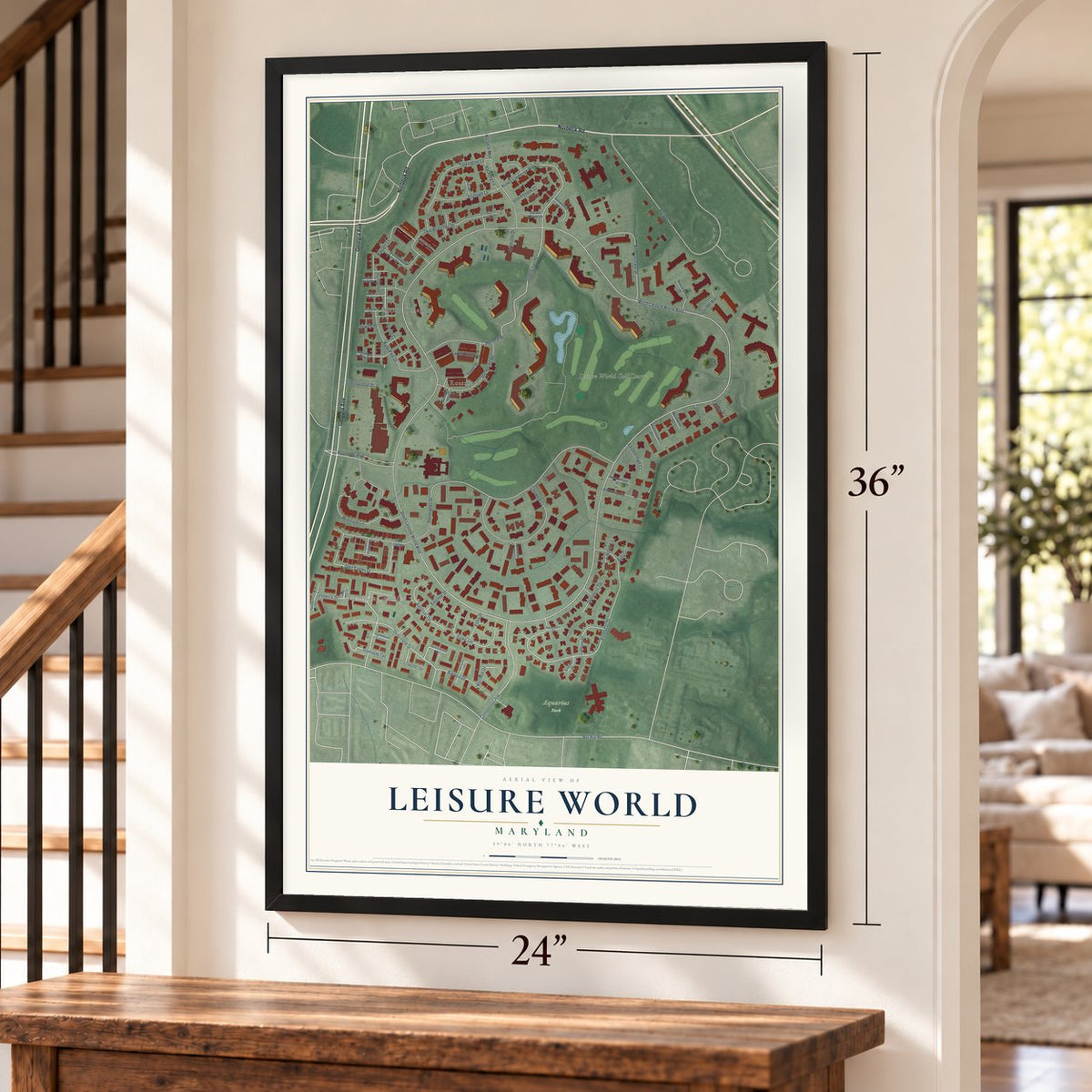 Leisure World, Maryland map, 24 x 36 inch print in a black frame by a staircase
