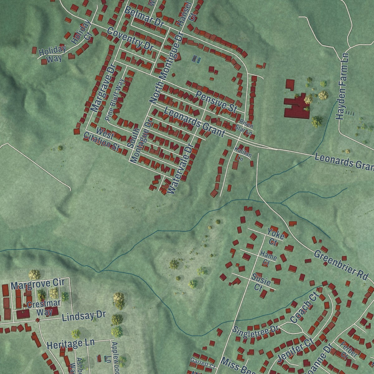 Second close-up of the map of Leonardtown, Maryland print showing more streets and buildings