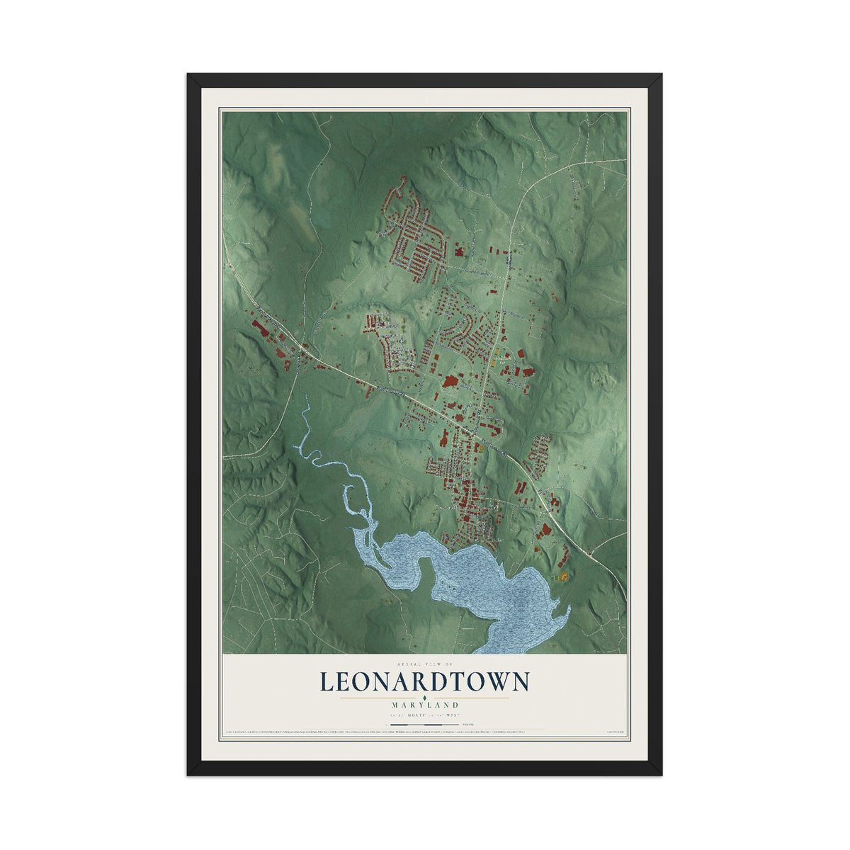 Map of Leonardtown, Maryland, 12 x 18 inch print in a black wood frame