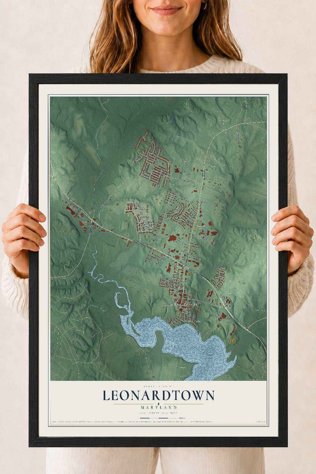 Map of Leonardtown, Maryland, 18 x 24 inch print in a black wood frame