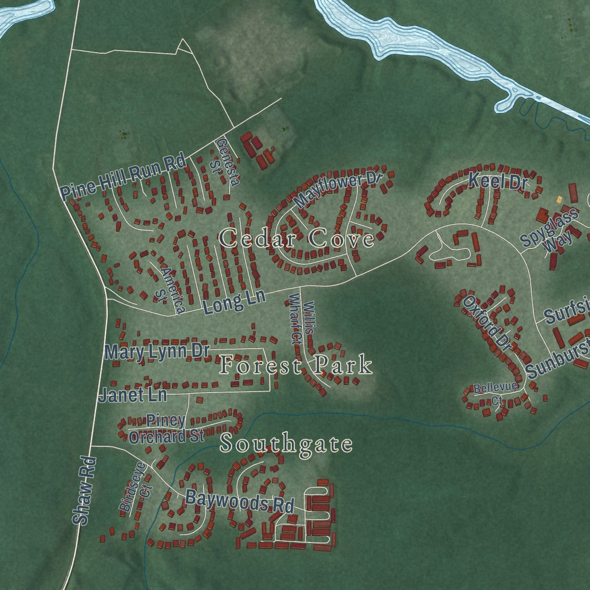 Second close-up of the map of Lexington Park, Maryland print showing more streets and buildings