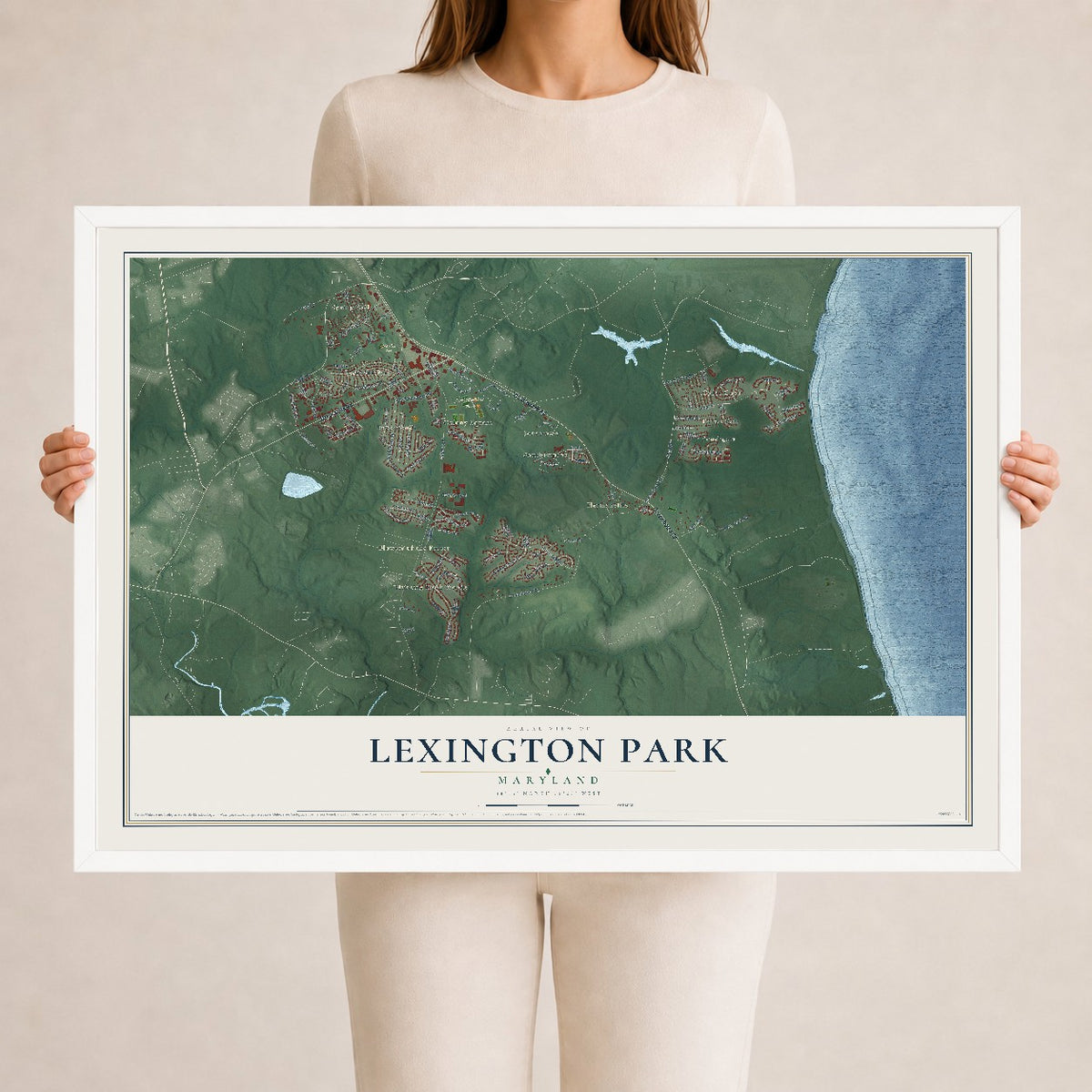 Map of Lexington Park, Maryland, 24 x 36 inch print in a white wood frame