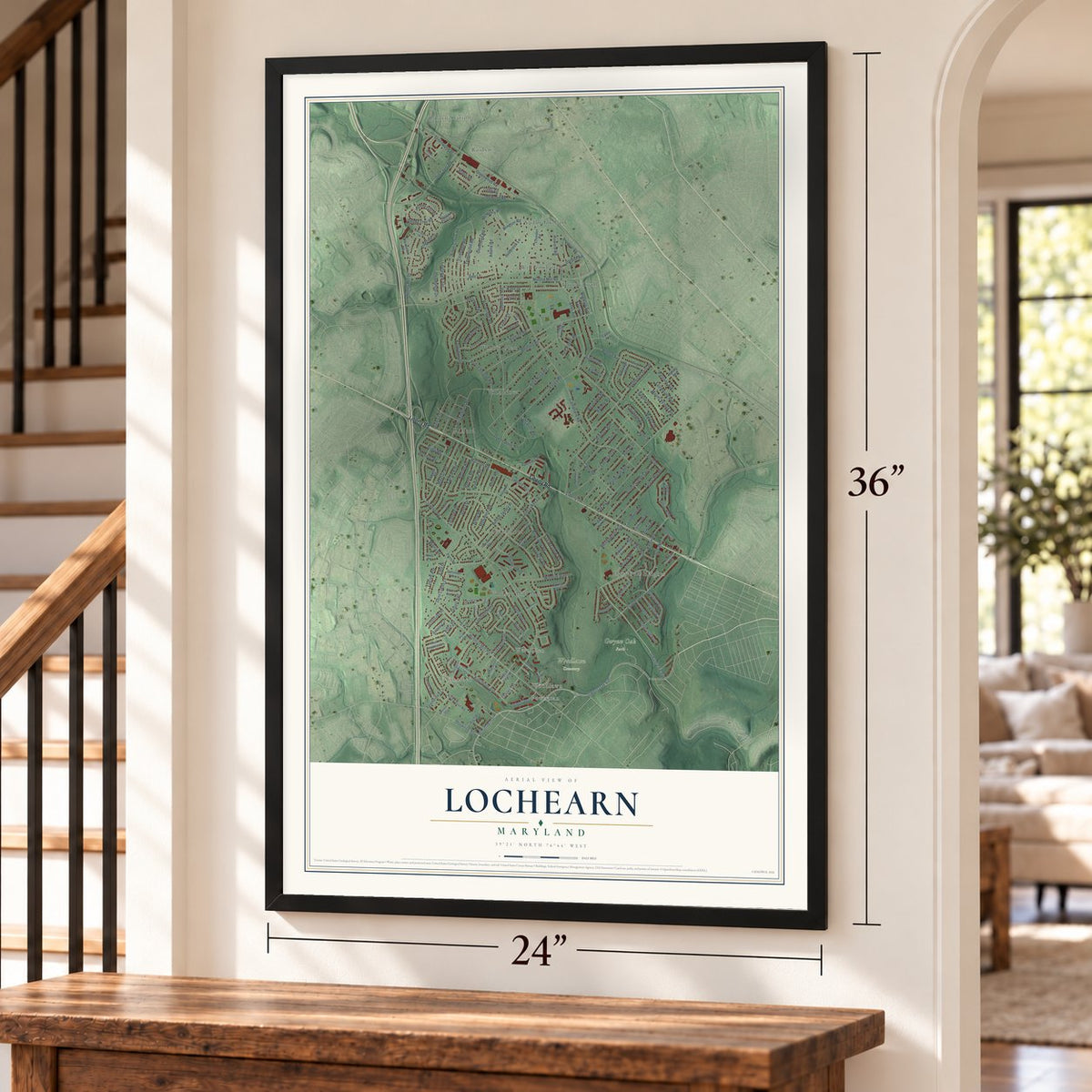 Lochearn, Maryland map, 24 x 36 inch print in a black frame by a staircase