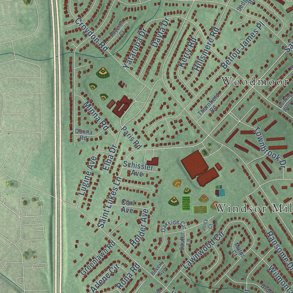 Close-up of the map of Lochearn, Maryland print showing street and building detail