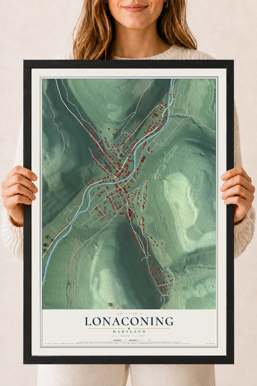 Map of Lonaconing, Maryland, 18 x 24 inch print in a black wood frame