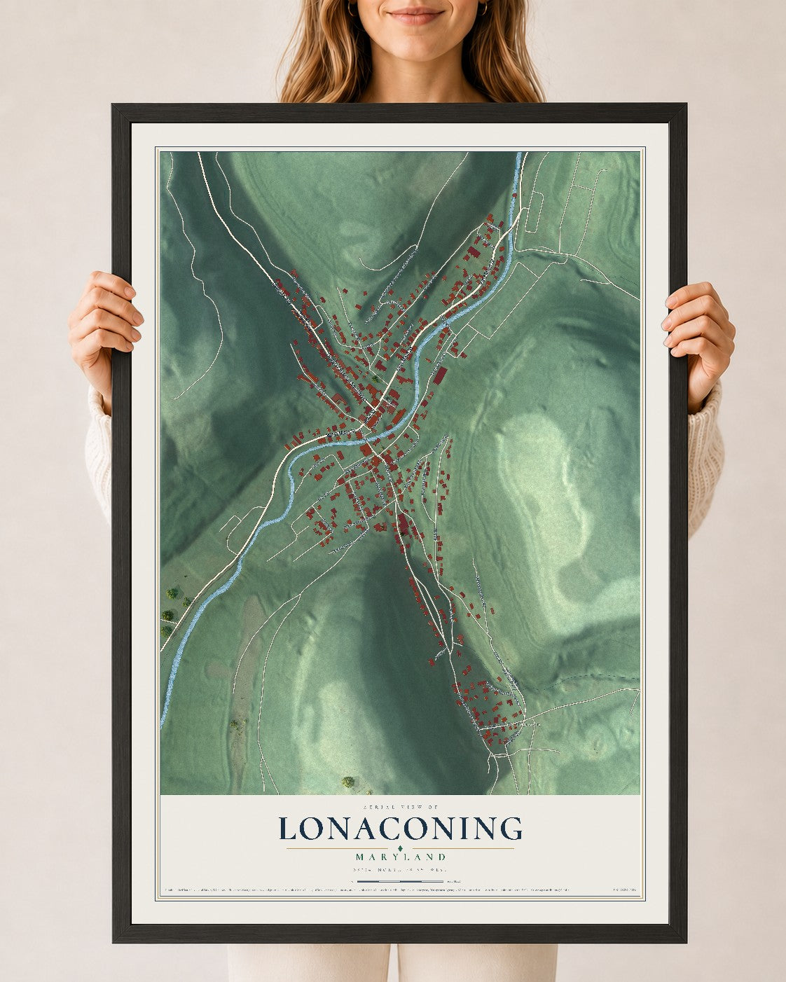 Map of Lonaconing, Maryland, 24 x 36 inch print in a black wood frame