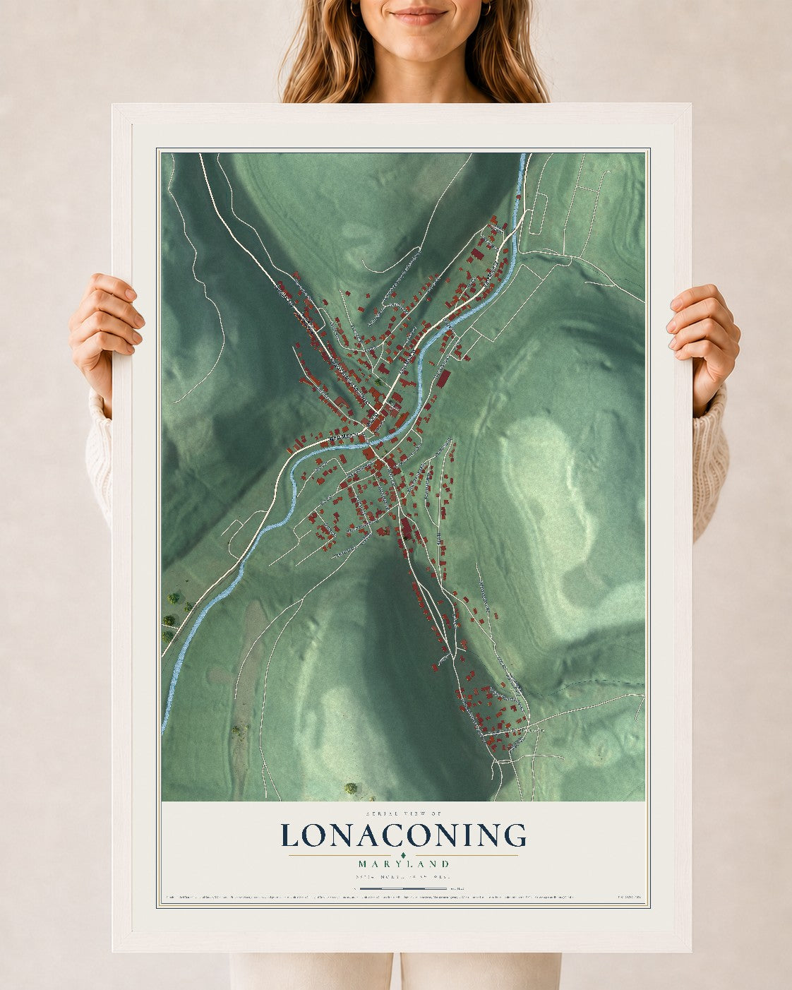 Map of Lonaconing, Maryland, 24 x 36 inch print in a white wood frame