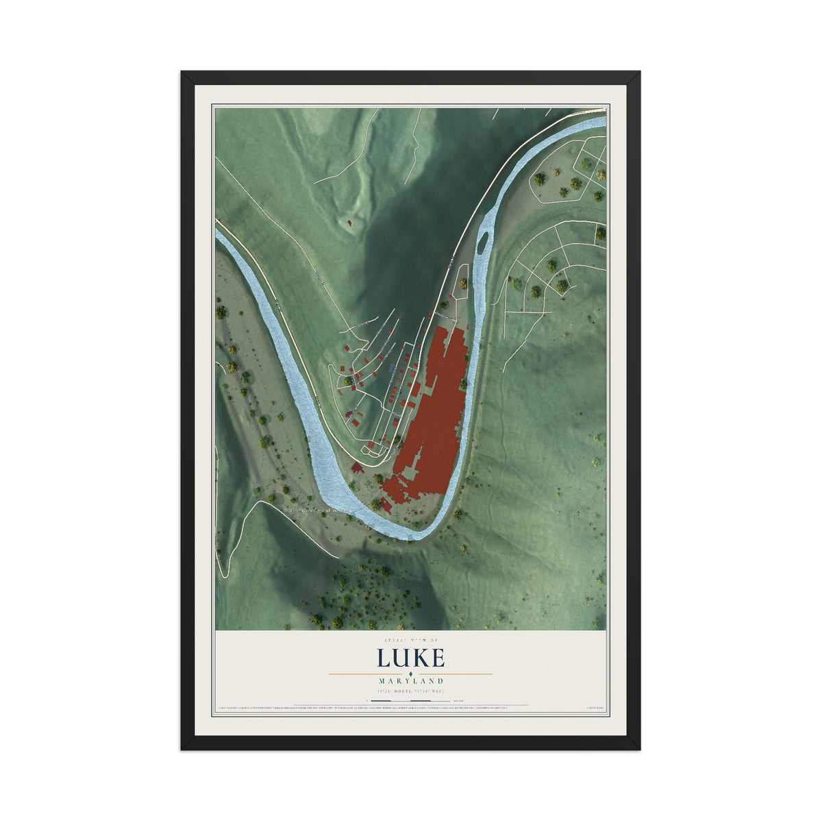 Map of Luke, Maryland, 12 x 18 inch print in a black wood frame