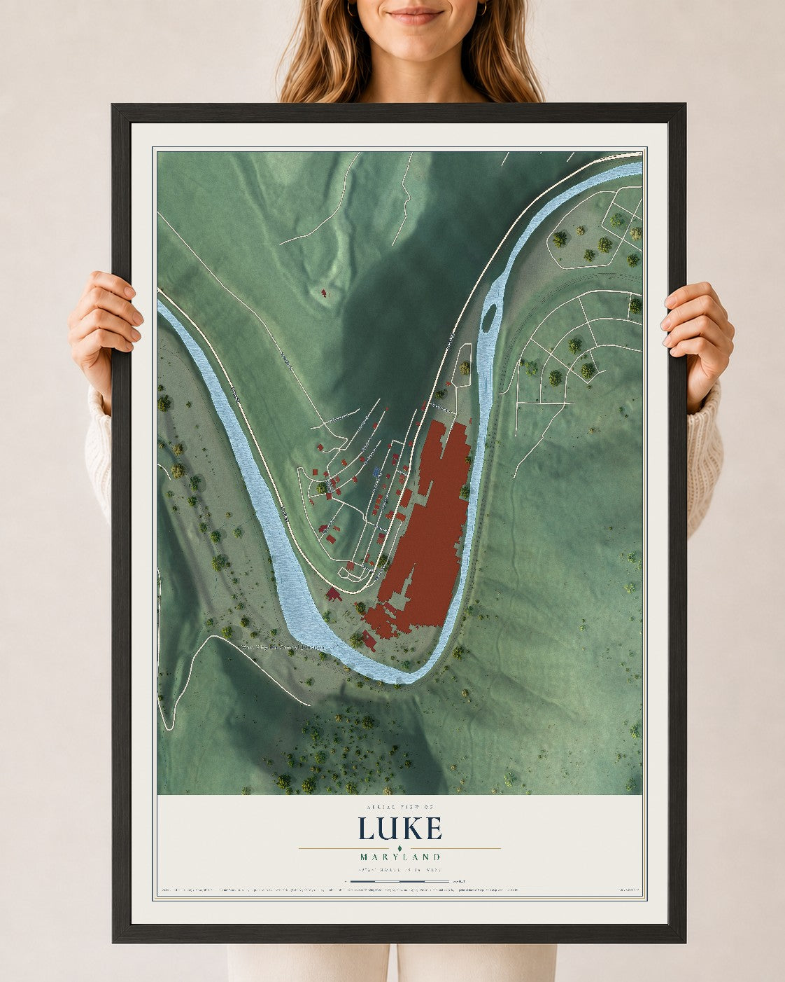 Map of Luke, Maryland, 24 x 36 inch print in a black wood frame