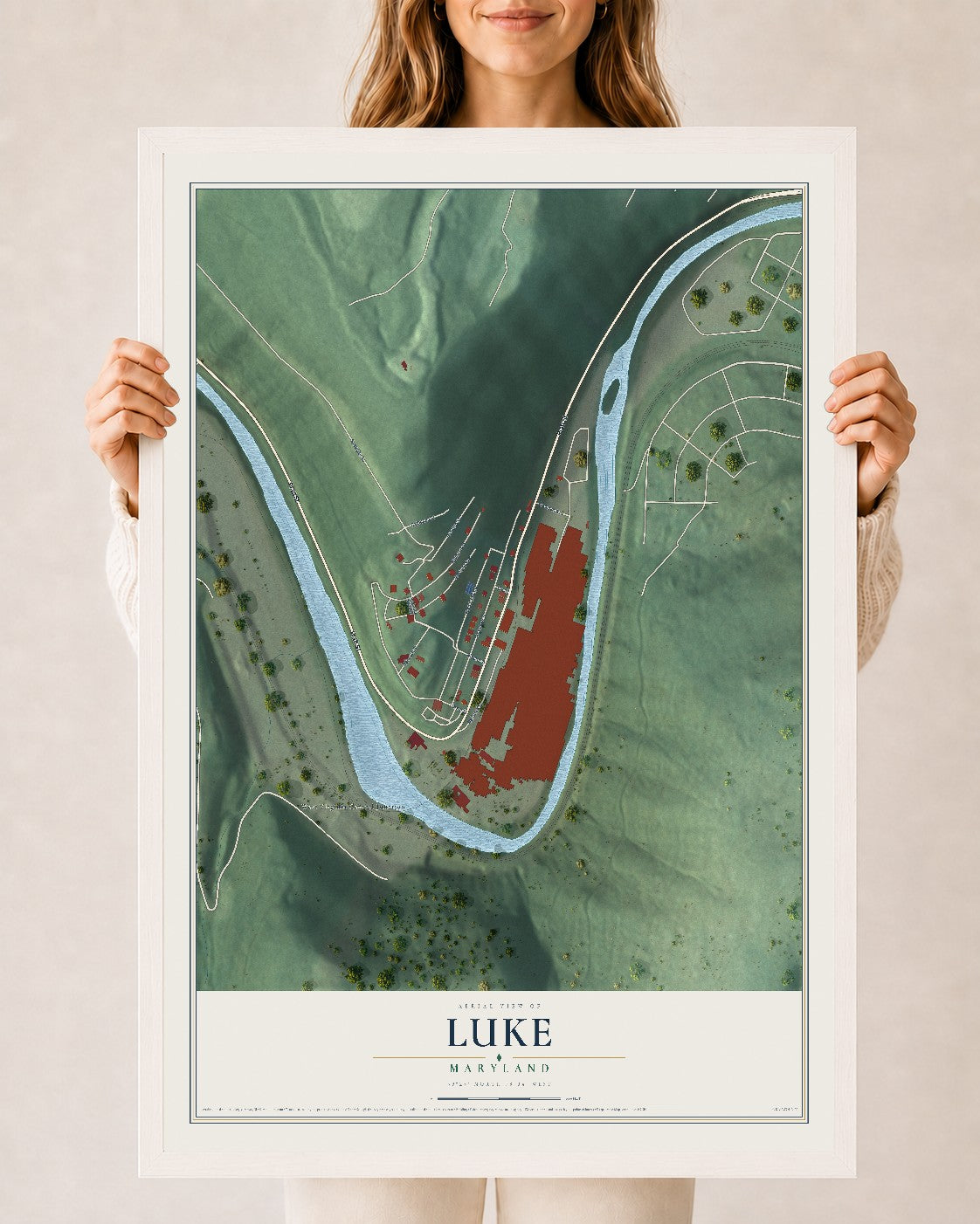 Map of Luke, Maryland, 24 x 36 inch print in a white wood frame