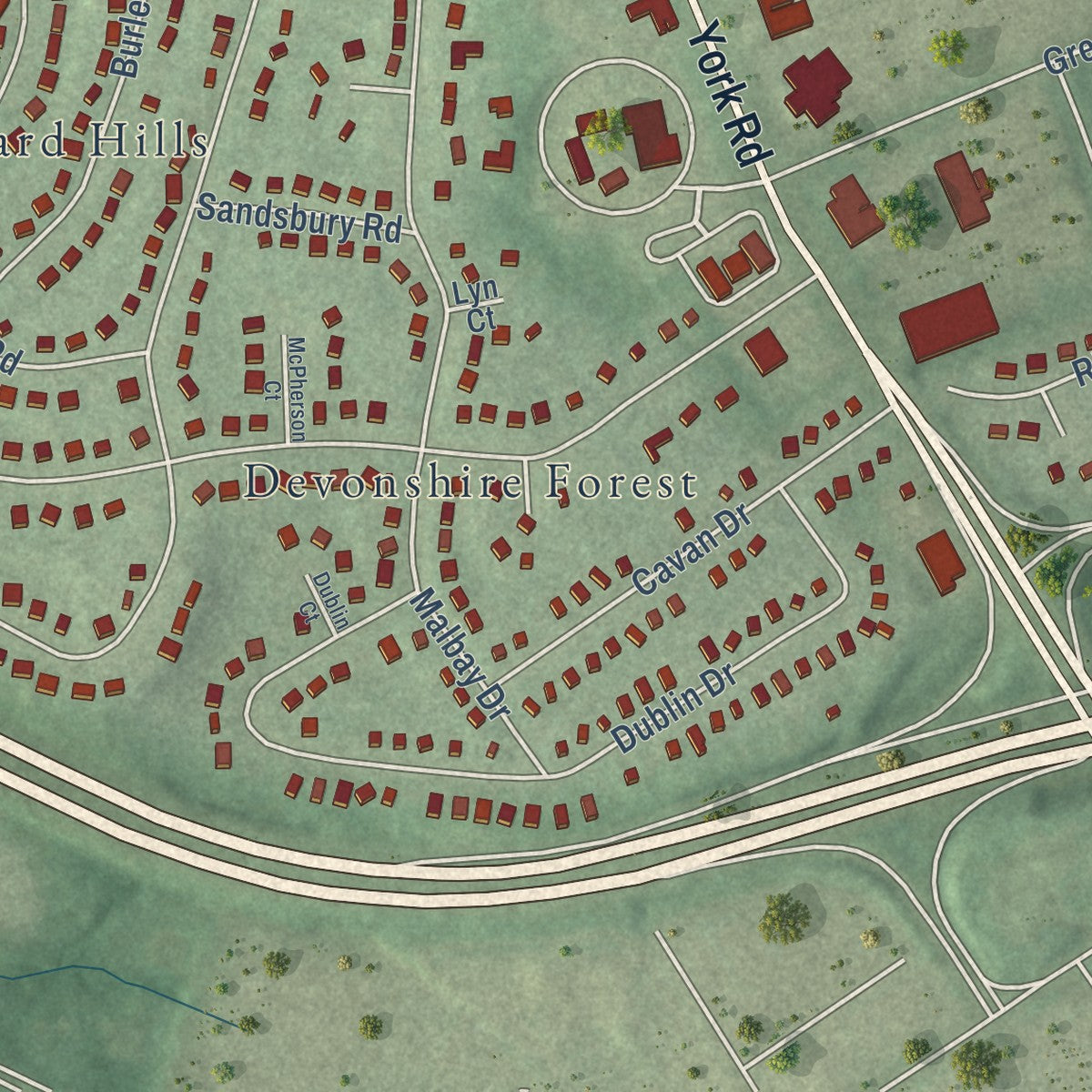 Close-up of the map of Lutherville, Maryland print showing street and building detail