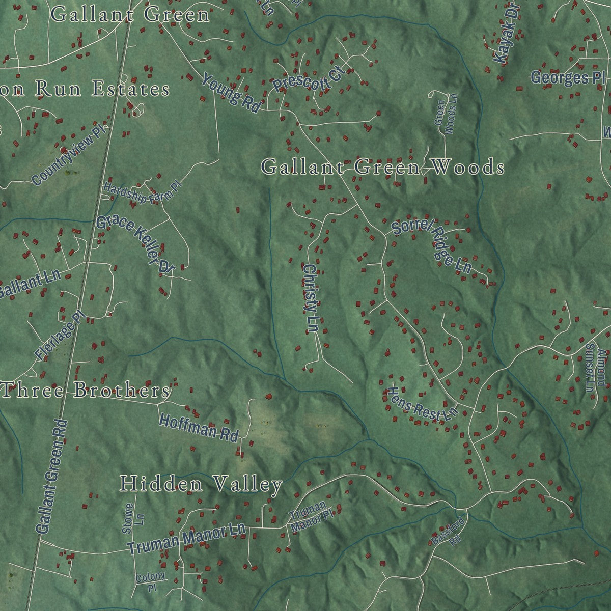 Close-up of the map of Malcolm, Maryland print showing street and building detail