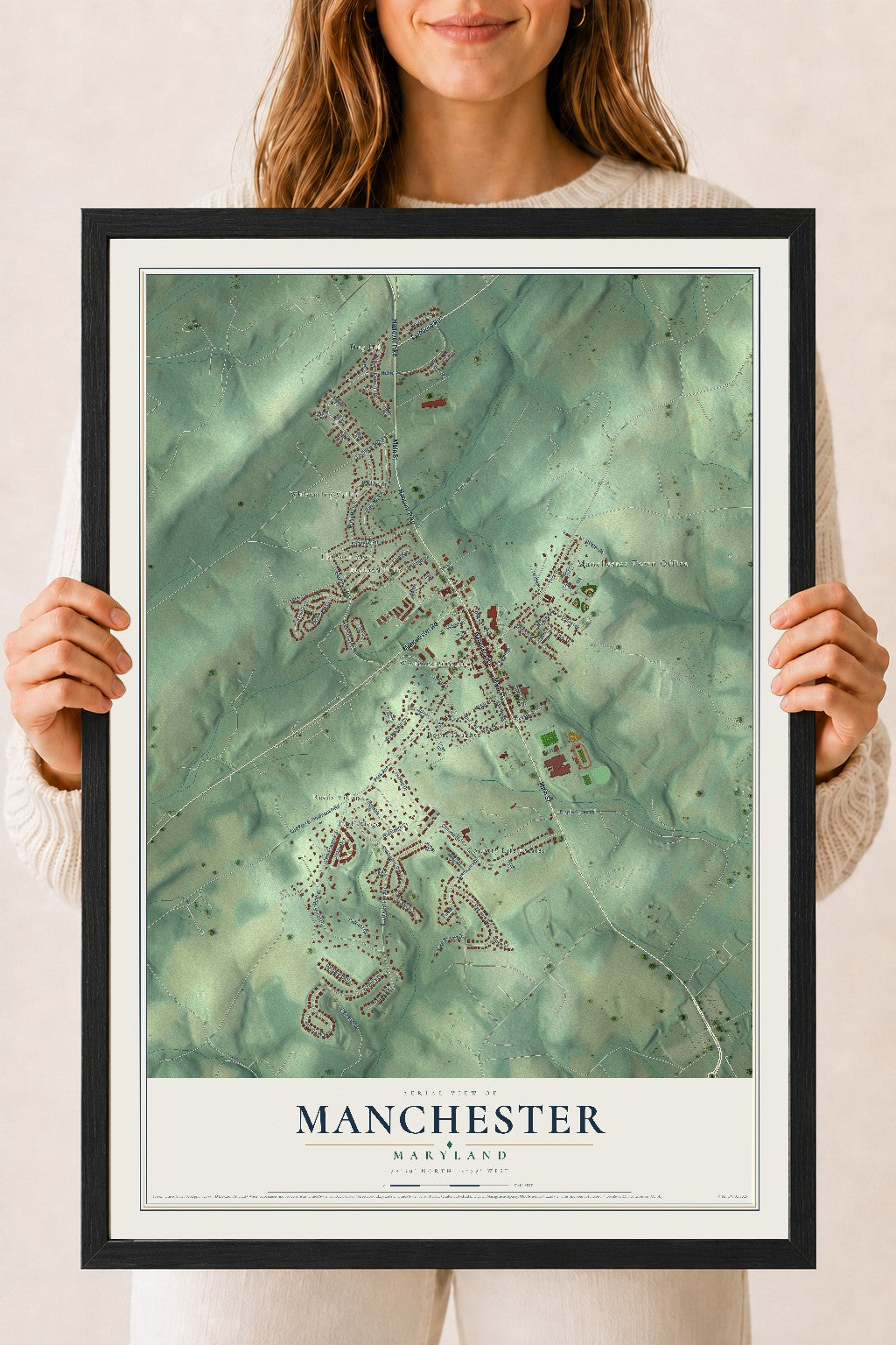 Map of Manchester, Maryland, 18 x 24 inch print in a black wood frame