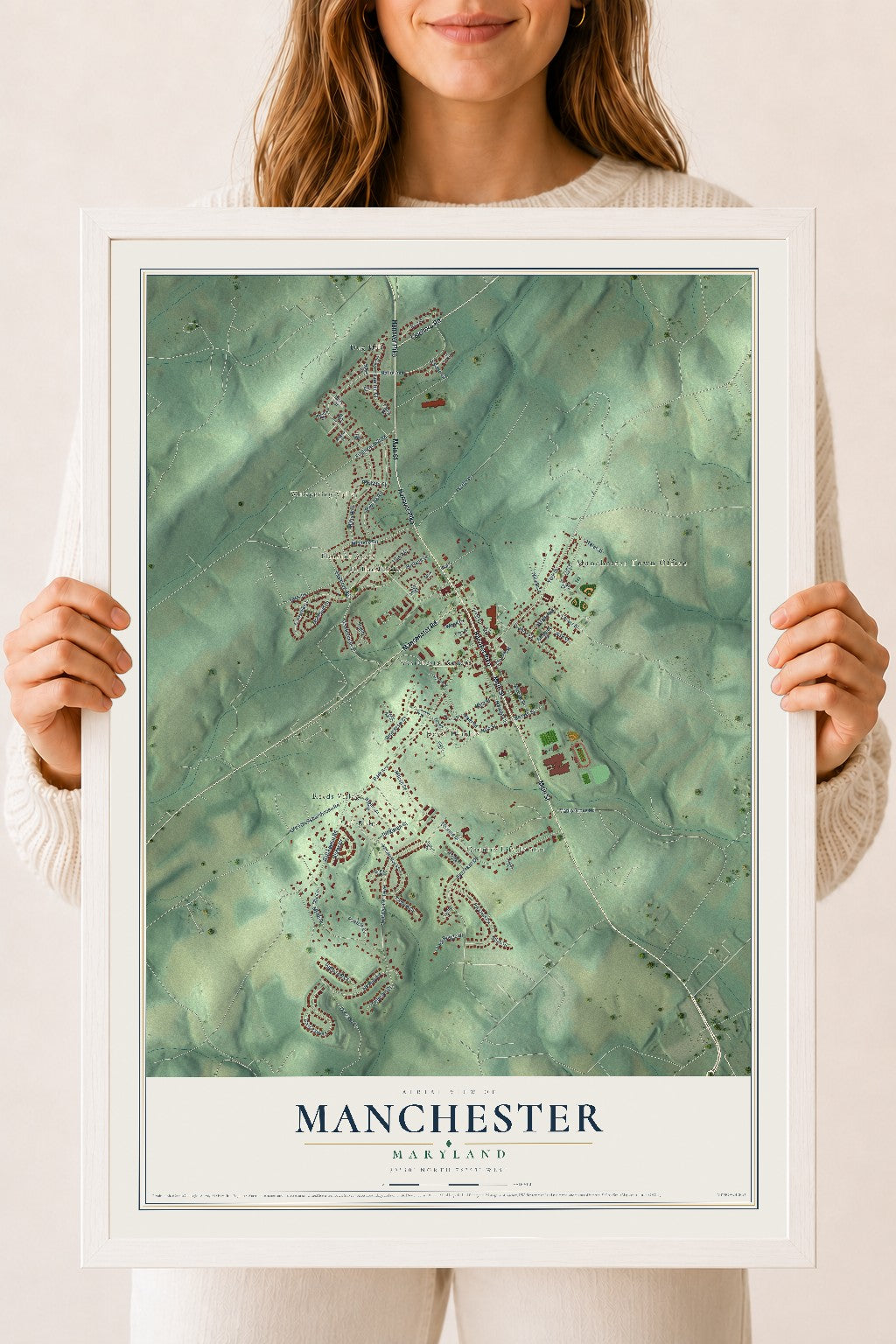 Map of Manchester, Maryland, 18 x 24 inch print in a white wood frame