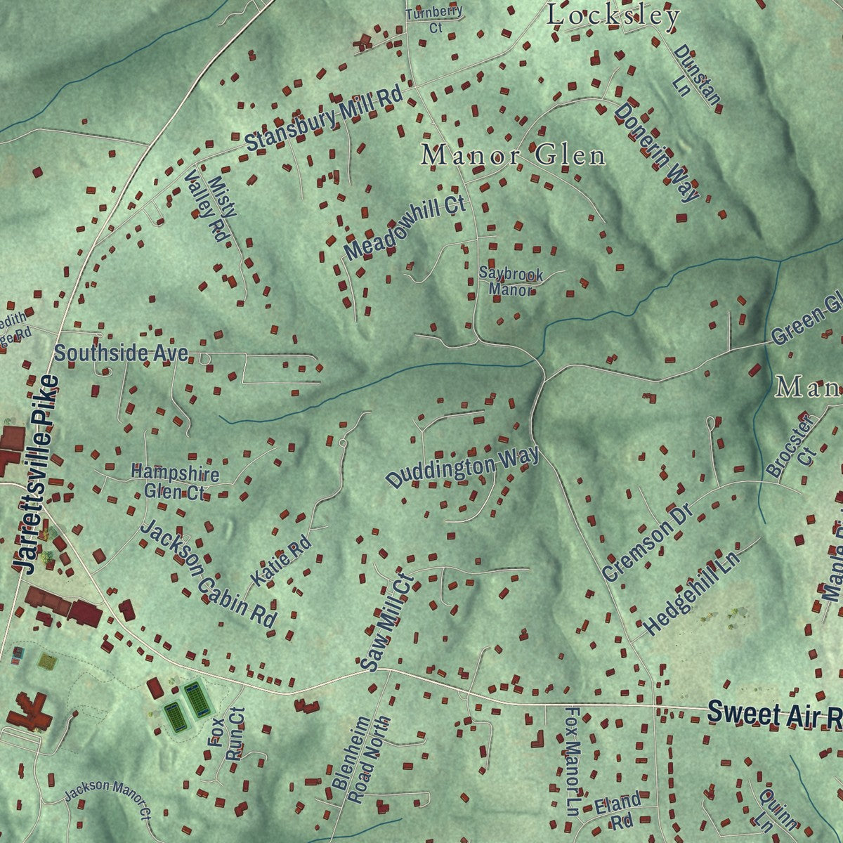Close-up of the map of Manor, Maryland print showing street and building detail