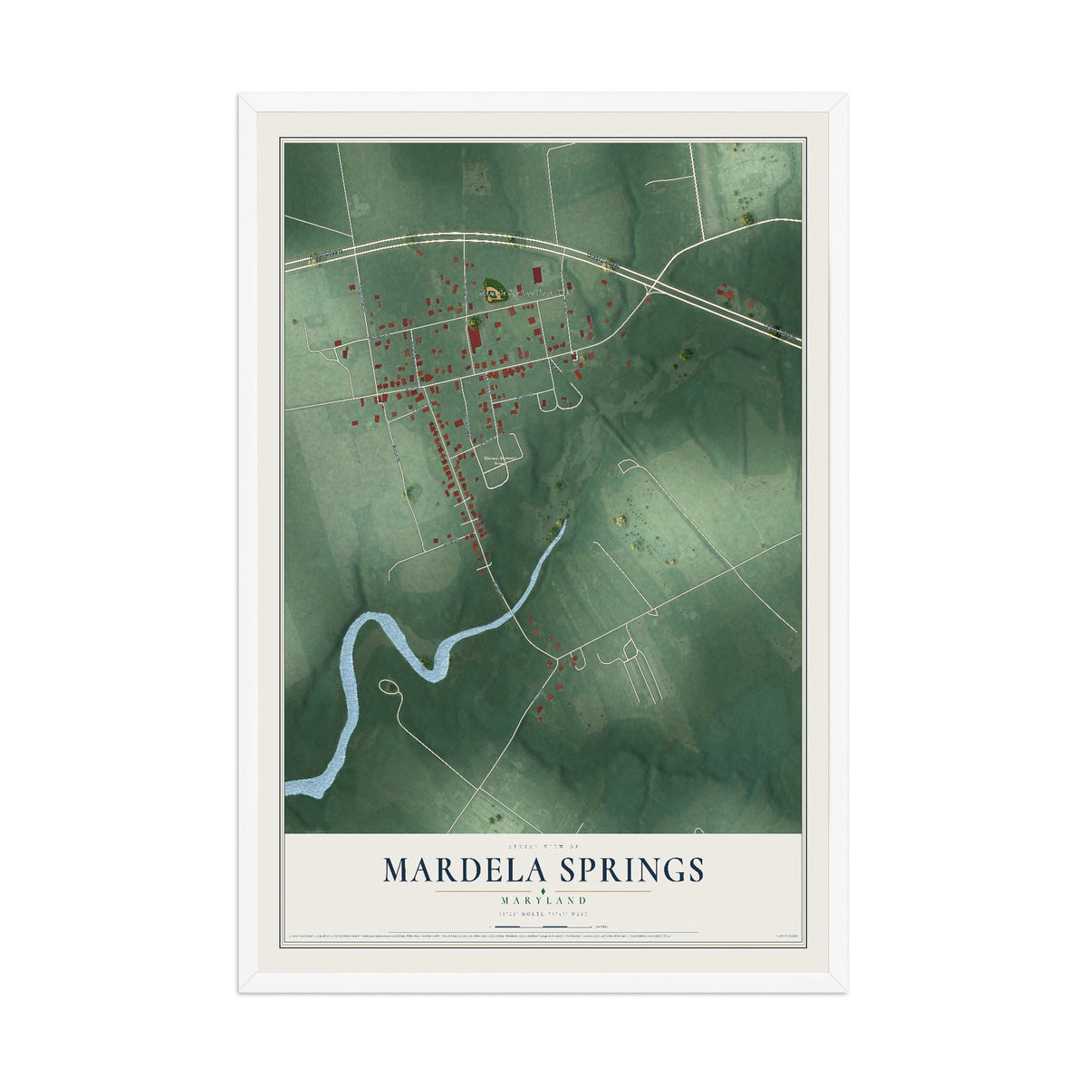 Map of Mardela Springs, Maryland, 12 x 18 inch print in a white wood frame